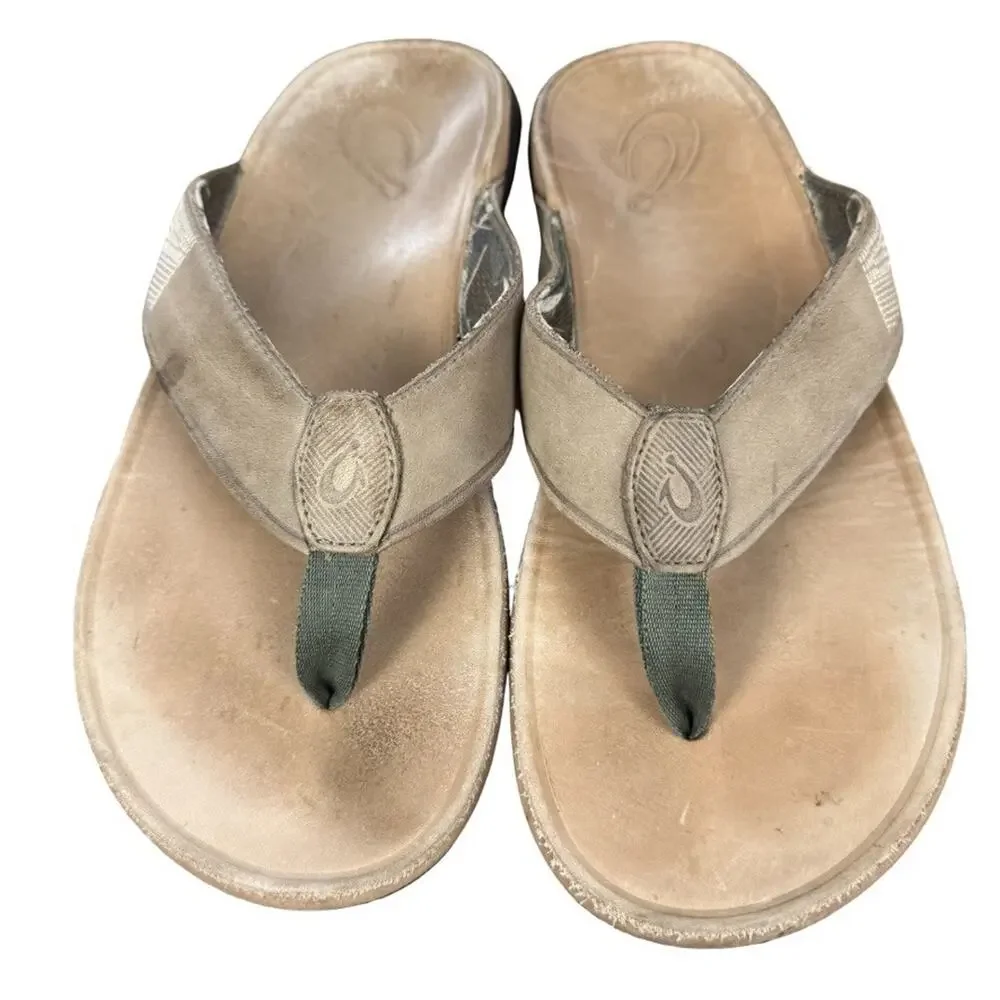 OluKai Tuahine Mens Leather Thongs Flip Flop Beach Vacation Sandals Shoes sz 9